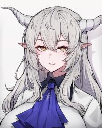 Rule 34 | 1girl, absurdres, alternate costume, arknights, ascot, blue ascot, breasts, closed mouth, grey hair, highres, horns, large breasts, long hair, looking at viewer, pointy ears, rikuguma, shining (arknights), shirt, simple background, smile, solo, upper body, white background, white shirt, yellow eyes