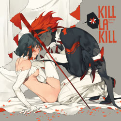 Rule 34 | 10s, 1boy, 1girl, ass, black hair, black panties, blue eyes, blush, breasts, butt crack, character name, copyright name, couple, elbow gloves, gloves, high heels, kill la kill, knees up, manly, matoi ryuuko, multicolored hair, no panties, panties, panty pull, personification, red eyes, red hair, rei (sanbonzakura), senketsu, short hair, simple background, smile, thighhighs, two-tone hair, underboob, underwear, white gloves, white thighhighs