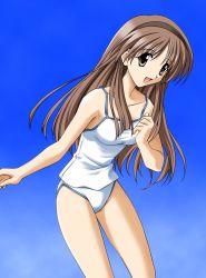 Rule 34 | 1girl, bent over, blue background, brown eyes, brown hair, camisole, hairband, hizuki ayaka, lingerie, long hair, looking at viewer, memories off, open mouth, panties, solo, underwear, underwear only, yellow eyes
