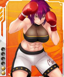 Rule 34 | 00s, 1girl, abs, armpits, bare shoulders, boxing, boxing gloves, breasts, card (medium), card (orange-r), card (r), character name, checkered background, cleavage, clothes writing, cowboy shot, crop top, fighting stance, gradient background, gym shorts, hair between eyes, halterneck, hands up, large breasts, light smile, lilith-soft, mari foreman, midriff, muscular, navel, nobushito kuro, official art, purple hair, short hair, shorts, smile, solo, standing, taimanin (series), taimanin asagi, taimanin asagi battle arena all card gallery, taimanin asagi kessen arena, taut clothes, turtleneck, yellow eyes