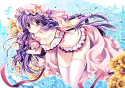 Rule 34 | 1girl, babydoll, bikini, breasts, cleavage, crescent, crescent moon, flower, hat, large breasts, legs, long hair, moon, patchouli knowledge, purple eyes, purple hair, sakurano ru, solo, strap pull, swimsuit, thighhighs, touhou, white thighhighs