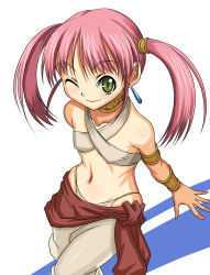 Rule 34 | 1girl, armlet, atlus, bandeau bikini, bard (sekaiju), bare shoulders, blush, bracer, choker, covered erect nipples, crop top, earrings, etrian odyssey, flat chest, green eyes, jewelry, looking at viewer, midriff, navel, one eye closed, pants, pink hair, sarong, see-through, simple background, smile, solo, syunzou, twintails, wide hips, wink, wristband