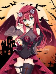 Rule 34 | 1girl, bat (animal), breasts, candy, cleavage, demon wings, floral print, flower, food, green eyes, halloween, highres, holding, holding candy, holding food, long hair, looking at viewer, medium breasts, original, popsicle, red hair, red wings, rose, signature, solo, spleeny, standing, sun, thighhighs, tongue, tongue out, white flower, white rose, wings