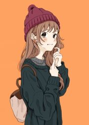 Rule 34 | 1girl, backpack, bag, beanie, black eyes, blush, brown bag, brown hair, collared shirt, commentary, earrings, flower earrings, green sweater, hair behind ear, hands in own hair, hands up, hat, highres, jewelry, long hair, looking at viewer, nervous, open mouth, orange background, original, pom pom (clothes), pom pom beanie, red beanie, shirt, simple background, solo, standing, sweater, swept bangs, teeth, upper body, usakonbu22, white bag