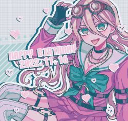 Rule 34 | 1girl, antenna hair, blonde hair, blue eyes, blush, bow, bowtie, breasts, choker, cleavage, danganronpa (series), danganronpa v3: killing harmony, dated, fingerless gloves, gloves, goggles, goggles on head, green bow, green bowtie, hair between eyes, happy birthday, iruma miu, large breasts, long hair, long sleeves, looking at viewer, open mouth, pisapipi, school uniform, shirt, skirt, smile, teeth, tongue, tongue out, upper teeth only