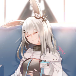 Rule 34 | 1girl, alternate costume, animal ears, arknights, chinese commentary, closed eyes, commentary request, couch, fingerless gloves, frostnova (arknights), gloves, highres, lingshalan, name tag, rabbit ears, rhodes island logo (arknights), scar, scar on face, scar on nose, smile, solo, white hair