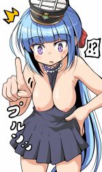 Rule 34 | !?, 1girl, accidental exposure, arethusa (azur lane), azur lane, between breasts, blue hair, blush, breasts, breasts out, casual, clothes between breasts, dress, hand on own hip, hat, large breasts, long hair, looking down, military hat, no bra, open mouth, pointing, pointing at viewer, ponytail, purple eyes, simple background, sleeveless, sleeveless dress, solo, tsuzuri (tuzuri), wardrobe malfunction, white background