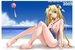 Rule 34 | 00s, 1girl, barefoot, beach, bell, blonde hair, breasts, broccoli (company), cloud, day, feet, female focus, galaxy angel, kaiga, long hair, long legs, medium breasts, normad, ocean, one-piece swimsuit, outdoors, ranpha franboise, sideboob, sitting, sky, solo, swimsuit, toes, underboob, very long hair, water, wet, wind chime
