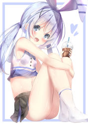 Rule 34 | 1girl, :d, ass, bad id, bad pixiv id, bare arms, bare shoulders, black skirt, blue background, blue eyes, blue hair, blush, cheerleader, commentary request, crop top, cup, disposable cup, drinking straw, gochuumon wa usagi desu ka?, hair between eyes, hair ornament, hair ribbon, hairband, heart, highres, holding, holding cup, kafuu chino, long hair, midriff, natuna natu, navel, no shoes, open mouth, pleated skirt, ribbon, shirt, sidelocks, sitting, skirt, sleeveless, sleeveless shirt, smile, socks, solo, twintails, two-tone background, white background, white hairband, white ribbon, white shirt, white socks, x hair ornament