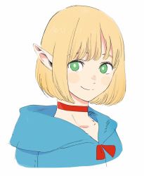 Rule 34 | 1girl, alternate hair length, alternate hairstyle, blonde hair, bob cut, choker, closed mouth, dungeon meshi, elf, frs2, green eyes, highres, looking at viewer, marcille donato, pointy ears, portrait, short hair, simple background, smile, solo, white background