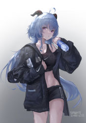 Rule 34 | 1girl, absurdres, ahoge, bare shoulders, black bra, black jacket, black shorts, black sports bra, blue hair, bottle, bra, breasts, covered erect nipples, dated, ganyu (genshin impact), genshin impact, goat horns, highres, horns, jacket, long hair, long sleeves, looking at viewer, medium breasts, navel, nike (company), off shoulder, parted lips, purple eyes, sawkm, short shorts, shorts, simple background, solo, sports bra, sweat, underwear, water bottle