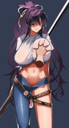 1girl asymmetrical_clothes belt black_eyes black_hair breasts brown_belt commentary denim disembodied_hand garrote glaring groping hair_ribbon highres holding holding_sword holding_weapon huge_breasts jeans kanzaki_kaori katana long_hair looking_at_viewer midriff navel ootachi open_pants pants partially_shaded_face ponytail ribbon sheath sheathed shichiten_shichitou shin_deadball_iwata shirt short_sleeves simple_background single_pantsleg solo sword tied_shirt toaru_majutsu_no_index very_long_hair weapon white_shirt