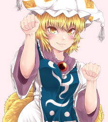 Rule 34 | 1girl, :3, absurdres, animal ears, blonde hair, blush, breasts, closed mouth, commentary request, fox ears, fox tail, gem, hands up, hat, highres, huge filesize, looking at viewer, medium breasts, multiple tails, ofuda, paw pose, pink background, shirt, simple background, skirt, smile, solo, tabard, tail, toluda, touhou, upper body, white hat, white shirt, white skirt, yakumo ran, yellow eyes