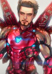 Rule 34 | 1boy, absurdres, arc reactor, armor, avengers: infinity war, avengers (series), brown eyes, brown hair, closed mouth, commentary request, english text, facial hair, full armor, highres, iron man, jigenn, looking at viewer, male focus, marvel, marvel cinematic universe, mechanical wings, multicolored armor, power armor, red armor, short hair, simple background, smile, solo, standing, superhero costume, tony stark, white background, wings, yellow armor