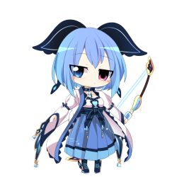 Rule 34 | 1girl, belt, belt collar, black bow, blue eyes, blue footwear, blue hair, blue sky, blush stickers, boots, bow, bow (weapon), breasts, character request, chibi, cleavage, closed mouth, collar, commentary request, cross-laced footwear, cube, expressionless, full body, grey belt, hair bow, heterochromia, holding, holding bow (weapon), holding weapon, hop step jumpers, lets0020, long sleeves, looking at viewer, medium bangs, medium breasts, open clothes, open shirt, pink eyes, pleated skirt, shirt, simple background, skirt, sky, solo, standing, transparent background, weapon, white shirt, wide sleeves