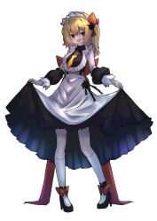 Rule 34 | 1girl, absurdres, apron, blonde hair, clothes lift, flandre scarlet, getsurai, hair ribbon, highres, maid, maid apron, maid day, maid headdress, necktie, open mouth, red ribbon, ribbon, side ponytail, skirt, skirt lift, solo, sparkle, touhou, yellow necktie