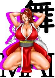 Rule 34 | 1girl, absurdres, breasts, character name, fatal fury, highres, huge breasts, long hair, ponytail, shiranui mai, solo