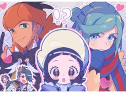 Rule 34 | !?, 2girls, 3boys, :o, abe (kumayu), black eyes, blue mittens, blue scarf, blush stickers, closed mouth, commentary request, cosplay, creatures (company), crown, earrings, epaulettes, eyelashes, game freak, gloves, green eyes, grey pupils, grusha (pokemon), hands up, headband, heart, highres, hood, hoodie, index finger raised, jacket, jewelry, letterboxed, long sleeves, looking at viewer, mittens, multiple boys, multiple girls, nate (pokemon), nate (pokemon) (cosplay), nintendo, open mouth, orange headband, partially fingerless gloves, pokemon, pokemon bw2, pokemon masters ex, pokemon sv, pokemon swsh, poppy (pokemon), raihan (pokemon), rika (pokemon), scarf, striped clothes, striped scarf, undercut, yellow jacket