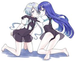 Rule 34 | 2others, amimi, androgynous, barefoot, blue eyes, blue hair, blunt bangs, crystal hair, elbow gloves, full body, gem uniform (houseki no kuni), ghost quartz (houseki no kuni), gloves, grey eyes, hair over one eye, hands on another&#039;s shoulders, hime cut, houseki no kuni, kneeling, lapis lazuli (houseki no kuni), long hair, looking at viewer, multiple others, necktie, see-through, short hair with long locks, silver hair, smile, suspenders, white background
