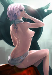 Rule 34 | 1girl, arched back, arm up, ass, back, backless outfit, backlighting, bad id, bad pixiv id, bare arms, bare back, bare legs, bare shoulders, breasts, breasts out, bright pupils, butt crack, dripping, fate/grand order, fate (series), fingernails, from behind, halterneck, lens flare, looking at viewer, looking back, mash kyrielight, medium breasts, meme attire, nipples, profile, purple eyes, purple hair, ribbed sweater, shield, short hair, sitting, sleeveless, sleeveless turtleneck, solo, sunlight, sweat, sweater, turtleneck, turtleneck sweater, virgin killer sweater, water, water drop, wet, wet hair, zen33n, zen (user ydaj8585)