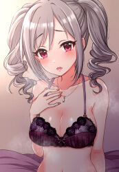Rule 34 | 1girl, absurdres, bare shoulders, blush, bra, breasts, cleavage, commentary request, drill hair, grey hair, highres, idolmaster, idolmaster cinderella girls, jewelry, kanzaki ranko, large breasts, long hair, looking at viewer, mariabowl, navel, necklace, on bed, open mouth, purple bra, red eyes, red nails, solo, steam, swept bangs, twin drills, twintails, underwear, upper body