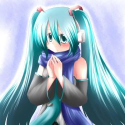 Rule 34 | 1girl, aqua hair, blue scarf, detached sleeves, hatsune miku, looking at viewer, misana, own hands together, scarf, solo, twintails, vocaloid
