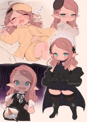 Rule 34 | 1girl, blue eyes, blush, boots, character request, closed eyes, crying, crying with eyes open, final fantasy, final fantasy xiv, food, full body, hat, high heel boots, high heels, highres, ice cream, lalafell, light brown hair, long hair, multiple views, navel, pajamas, pointy ears, pout, sleep mask, sleeping, sliteof1789, smile, tears, thigh boots, zzz