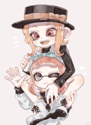 Rule 34 | 2girls, black headwear, bow, closed mouth, commentary, grey eyes, hat, highres, inkling, inkling girl, inkling player character, medium hair, multiple girls, nintendo, octoling, octoling girl, octoling player character, on head, one eye closed, open mouth, orange bow, orange hair, person on head, plum0o0, pointy ears, red eyes, shoes, simple background, smile, splatoon (series), symbol-only commentary, teeth, tentacle hair, upper body, white background, white footwear