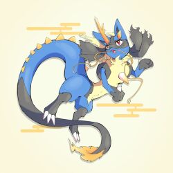 Rule 34 | blue fur, chinese zodiac, commentary request, creatures (company), fang, full body, game freak, gen 4 pokemon, highres, horns, lucario, monsterification, nintendo, open mouth, pokemon, pokemon (creature), red eyes, s2o3 chio, spikes, tail, white background, year of the dragon, yellow fur