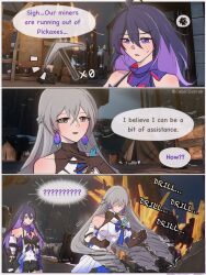 Rule 34 | 3koma, :o, ?, ??, ahoge, bare shoulders, black shorts, blue eyes, blue hair, blue scarf, blush, breasts, bronya zaychik, brown gloves, cesar zebrah, clenched hands, collarbone, comic, commentary, dress, drill, drill hair, earrings, elbow gloves, english commentary, english text, gloves, grey eyes, grey hair, hair between eyes, hand on own chest, highres, honkai: star rail, honkai (series), jewelry, long hair, looking at another, medium breasts, mining, night, no eyes, no mouth, no nose, open hand, outdoors, scarf, seele (honkai: star rail), short shorts, shorts, shoulder blush, small breasts, speech bubble, standing, sweatdrop, twitter username, upper body, white dress