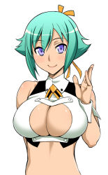 Rule 34 | 10s, 1girl, aquarion (series), aquarion evol, breasts, cleavage, cleavage cutout, clothing cutout, green hair, midriff, purple eyes, short hair, simple background, smile, solo, unagimaru, white background, zessica wong