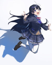 Rule 34 | 1girl, black hair, black jacket, black skirt, blazer, blue eyes, blush, bow, bowtie, braid, brown cardigan, cardigan, collared shirt, commentary, floating hair, french braid, frilled skirt, frills, from side, full body, hair ornament, hairclip, hand up, highres, jacket, jumping, loafers, long hair, long sleeves, looking at viewer, looking to the side, midair, nijisanji, open mouth, outstretched arm, pink bow, pink bowtie, plaid, plaid skirt, school uniform, shadow, shirt, shoes, skirt, smile, solo, su ke234, thighhighs, tsukino mito, tsukino mito (1st costume), virtual youtuber, white background, white shirt, white thighhighs