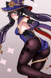 Rule 34 | 1girl, absurdres, artist request, ass, bare shoulders, black hair, blush, breasts, cape, detached sleeves, drie, from behind, genshin impact, gloves, green eyes, hat, highres, leotard, long hair, looking at viewer, mona (genshin impact), pantyhose, shiny clothes, shiny skin, sideboob, solo, sweat, twintails, very long hair