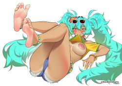 1girl anklet aqua_eyes aqua_hair ass bare_legs bare_shoulders barefoot bead_anklet beads bikini_tan blush bracelet brazilian_miku breasts clothes_lift commentary commission cutoffs dark-skinned_female dark_skin denim denim_shorts earrings english_commentary eyewear_on_head feet feet_up flower foot_focus furrowed_brow gold_earrings green_nails hair_between_eyes hair_flower hair_ornament haruse_(kichiroharuse) hatsune_miku highres jewelry knees_up large_breasts legs long_hair looking_at_viewer lying mouth_hold nail_polish nipples on_back pixiv_commission rectangular_earrings shirt shirt_lift shorts shorts_tan soles solo tan tanline thick_thighs thighs toenail_polish toenails toes twintails twitter_username very_long_hair vocaloid white-framed_eyewear yellow_nails yellow_shirt