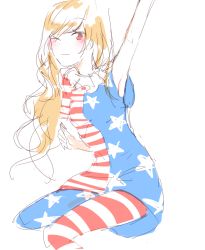 Rule 34 | 1girl, american flag dress, american flag legwear, arm up, armpits, blonde hair, clownpiece, legacy of lunatic kingdom, long hair, no headwear, pantyhose, red eyes, retto, simple background, sketch, solo, striped clothes, striped pantyhose, touhou, white background