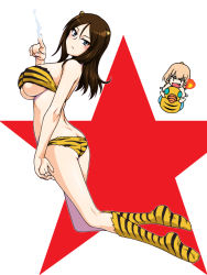 Rule 34 | 2022, 2girls, ass, blonde hair, blue eyes, blush, breasts, brown hair, butt crack, chinese zodiac, closed mouth, cosplay, fang, full body, girls und panzer, horns, katyusha (girls und panzer), large breasts, looking at viewer, lum, lum (cosplay), multiple girls, nonna (girls und panzer), oosaka kanagawa, open mouth, simple background, strapless, tiger stripes, tube top, underboob, urusei yatsura, white background, year of the tiger