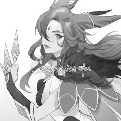 Rule 34 | 1girl, animal ears, brooch, closed mouth, commission, facial mark, fiiiiiiisher7, forehead mark, from side, fur trim, greyscale, hair over one eye, highres, holding, holding weapon, jewelry, league of legends, light blush, long hair, looking at viewer, monochrome, official alternate costume, official alternate hairstyle, parted bangs, simple background, solo, star guardian (league of legends), star guardian xayah, upper body, weapon, white background, xayah