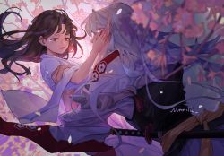 Rule 34 | 1boy, 1girl, black hair, brown eyes, cherry blossoms, closed mouth, commentary, couple, crying, crying with eyes open, hand on another&#039;s face, hetero, highres, inuyasha, japanese clothes, kimono, long hair, looking at another, mmmilk, petals, rin (inuyasha), sesshoumaru, tears