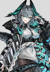 Rule 34 | 1girl, a yue, absurdres, aqua eyes, aqua wings, arknights, between breasts, black thighhighs, breasts, coat, dress, feathered wings, fingerless gloves, fingernails, gloves, hair between eyes, head wings, highres, ho&#039;olheyak (arknights), infection monitor (arknights), large breasts, long coat, looking at viewer, open clothes, open coat, open mouth, sharp fingernails, sidelocks, slit pupils, snake tail, solo, strap between breasts, tail, teeth, thighhighs, upper body, upper teeth only, white dress, white gloves, wings