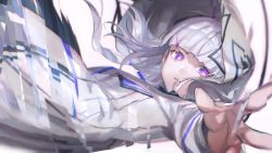 Rule 34 | 1girl, blunt bangs, bright pupils, coat, copyright request, falling, grey hair, highres, hood, hood up, long sleeves, looking at viewer, outstretched arm, parted lips, purple eyes, reaching, reaching towards viewer, simple background, solo, tentsuu (tentwo), white background, white coat, white pupils