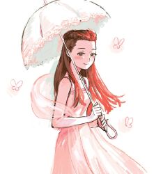 Rule 34 | 1girl, ace attorney, bare shoulders, blush, braid, bug, butterfly, closed mouth, dahlia hawthorne, dress, highres, holding, holding umbrella, insect, long hair, looking at viewer, parasol, phoenix wright: ace attorney - trials and tribulations, red eyes, red hair, renshu usodayo, shawl, simple background, smile, solo, umbrella, white background, white dress