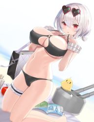 Rule 34 | 1girl, apple, azur lane, bag, beach, bikini, bikini pull, black bikini, blush, breasts, choker, cleavage, clothes pull, commentary request, eyewear on head, food, fruit, hair between eyes, heart, heart-shaped eyewear, highres, large breasts, looking at viewer, lotion bottle, magazine (object), manjuu (azur lane), nanam (nanam sk), navel, o-ring, o-ring top, open mouth, outdoors, pulled by self, red eyes, scrunchie, short hair, short twintails, shoulder bag, sirius (azur lane), sirius (scorching-hot seirios) (azur lane), solo, sunglasses, sunglasses on head, swimsuit, thigh strap, turret, twintails, wet, white hair, white scrunchie, wrist scrunchie