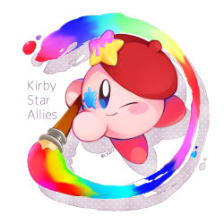 Rule 34 | artist kirby, beret, blue eyes, blush stickers, cf217, english text, hat, highres, holding, holding paintbrush, kirby, kirby: star allies, kirby (series), nintendo, one eye closed, paint splatter, paint splatter on face, paintbrush, rainbow gradient, signature, simple background, smile, solo, star (symbol), white background