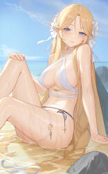 Rule 34 | 1girl, absurdres, arm support, azur lane, bare arms, bare legs, bikini, blonde hair, blue eyes, blush, bow, breasts, brest (azur lane), brest (marine muse) (azur lane), cleavage, closed mouth, collarbone, criss-cross halter, flower, hair bow, hair flower, hair ornament, halterneck, hand on own knee, highres, jewelry, large breasts, long hair, looking at viewer, navel, parted bangs, pendant, pointy ears, sideboob, sitting, skindentation, smile, solo, swimsuit, thigh strap, very long hair, white bikini, white bow, white flower, yidie