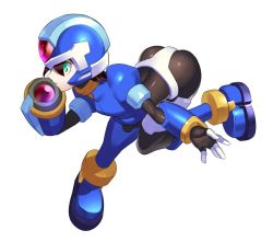 Rule 34 | 1girl, aile (mega man zx), arched back, arm cannon, armor, bent over, blue footwear, blue headwear, brown hair, capcom, full body, green eyes, helmet, inti creates, layered sleeves, leaning forward, leg up, long sleeves, mega man (series), mega man zx, model x (mega man), power armor, puffy short sleeves, puffy sleeves, short hair, short over long sleeves, short sleeves, simple background, skin tight, solo, ukimukai, weapon, white background