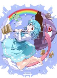Rule 34 | 1girl, :p, barefoot, blue background, blue dress, blue eyes, blue hair, cityscape, cloud, cloudy sky, commission, dress, feet, frog, full body, happy, heterochromia, holding, holding umbrella, looking at viewer, rainbow, red eyes, short hair, skeb commission, sky, snail, solo, tatara kogasa, toes, tongue, tongue out, torii, toromi (toromix2), touhou, umbrella, water drop, webp-to-png conversion