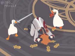 Rule 34 | 1000 feuille, 1boy, artist name, bird, covering head, cowering, crossover, genshin impact, goose, goose (untitled goose game), highres, mask, orange hair, short hair, sword, tartaglia (genshin impact), untitled goose game, weapon