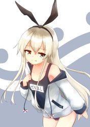 Rule 34 | 1girl, :p, alternate costume, black hairband, blonde hair, blue one-piece swimsuit, breasts, centi mnkt, collarbone, cosplay, covered navel, grey eyes, hair between eyes, hairband, highres, jacket, kantai collection, long hair, long sleeves, looking at viewer, name tag, old school swimsuit, one-piece swimsuit, school swimsuit, shimakaze (kancolle), small breasts, smile, solo, swimsuit, swimsuit under clothes, tongue, tongue out, track jacket, wave print, white background, white jacket, yukikaze (kancolle), yukikaze (kancolle) (cosplay)