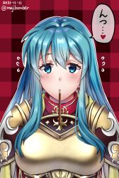 Rule 34 | ..., 1girl, aqua eyes, aqua hair, armor, blush, breastplate, checkered background, dated, earrings, eirika (fire emblem), fire emblem, fire emblem: the sacred stones, fire emblem heroes, food, food in mouth, hair between eyes, heart, jewelry, long hair, looking at viewer, maji (majibomber), nintendo, pocky, pocky day, shoulder armor, sidelocks, solo, speech bubble, twitter username, upper body