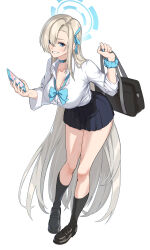 Rule 34 | 1girl, absurdres, asuna (blue archive), asymmetrical bangs, bag, black footwear, black socks, blue archive, blue bow, blue bowtie, blue eyes, blue nails, blue ribbon, blue scrunchie, bow, bowtie, breasts, cellphone, choker, cleavage, collarbone, collared shirt, commentary, full body, hair ribbon, halo, highres, holding, holding bag, holding phone, kneehighs, large breasts, light brown hair, long hair, looking at viewer, loose bowtie, miniskirt, mole, mole on breast, morino (harpoomoss), nail polish, parted lips, phone, pleated skirt, ribbon, scrunchie, shirt, shoes, skirt, sleeves pushed up, smile, socks, solo, standing, very long hair, white background, white shirt, wrist scrunchie
